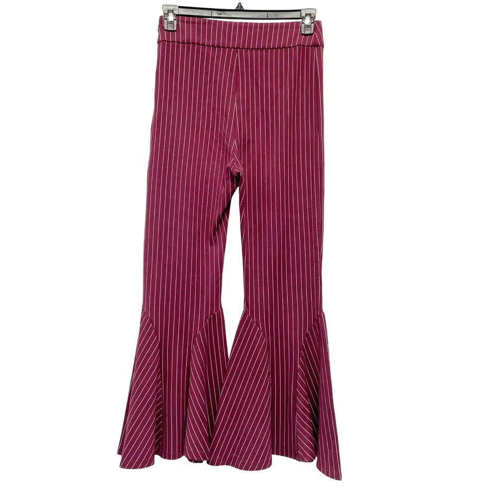 Free People Burgundy Striped Mari Ponte Flared Casual Trouser Pants Size‎ 8